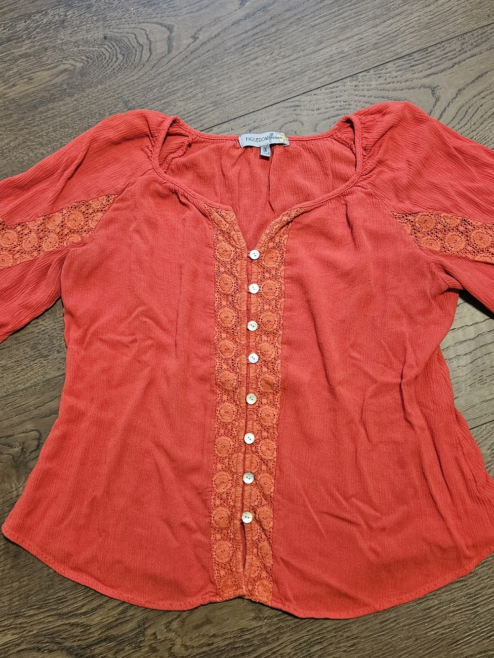 Crinkle Button-Down Lace-Trim Blouse in Red